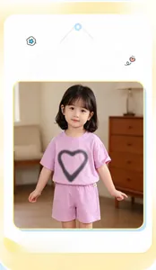 Dettaglio completo completo estivo viola da bambina in cotone con stampa a cuore e pantaloncini