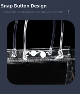 Close-up of transparent PVC gift bag showing white snap button closure and handle