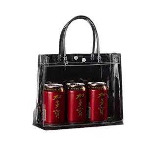 Transparent PVC gift tote bag with black handles and snap closure for favors