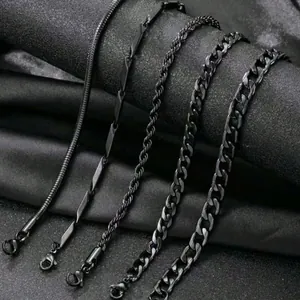Five-piece set of men's matte black stainless steel chain bracelets with lobster clasps