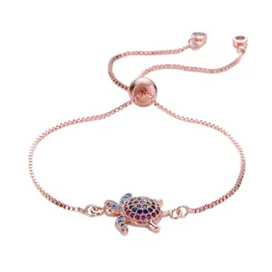 Rose gold adjustable turtle bracelet featuring vibrant colorful zircon gemstone inlay