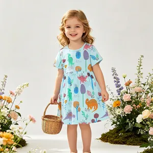Robe d'Été à Manches Courtes 100% Coton pour Filles Bleu Clair Imprimé Dinosaure de Dessin Animé Robe de Princesse