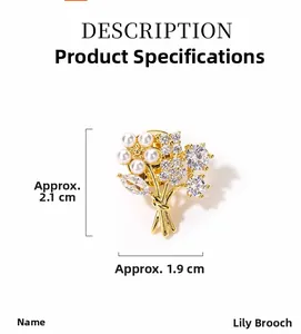 Detailed view of lily brooch with white pearls and zircons measuring 2.1cm by 1.9cm