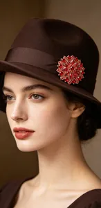 Macro detail of luxury red crystal sunflower brooch on a dark brown wool hat