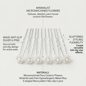 Detail of 6pcs U-shaped hair pins with white ceramic flowers and anti-slip wavy design