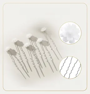 Detail of 6pcs white shell flower hair pins with wavy alloy base for secure styling