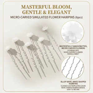 6-piece set of white shell flower hair pins with U-shaped wavy silver alloy base