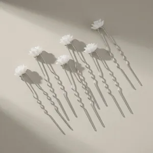 Set of 6 U-shaped hair pins with white shell flowers and wavy silver metal forks