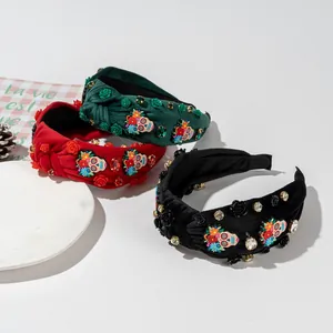 Halloween floral headband set with sugar skulls and rhinestones on velvet knotted bands