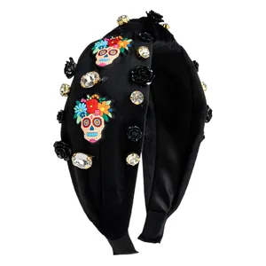 Halloween sugar skull headband with black velvet roses and rhinestones for women