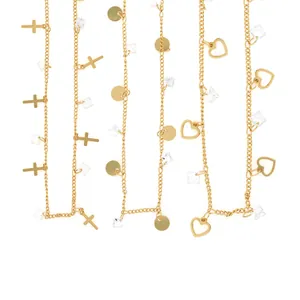 18K gold-plated jewelry chains with hearts, crosses, circles, and crystal pendants for DIY