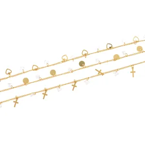 18K gold plated DIY jewelry chain with heart cross discs and square crystal beads