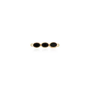 18K gold plated connector with three black oval gemstones and beaded edge design