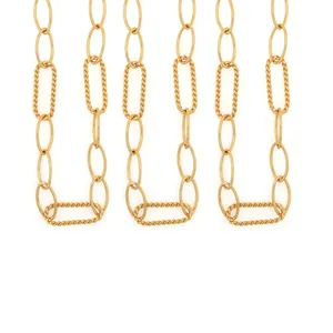 18K gold plated DIY jewelry chain with textured rectangular and smooth oval links