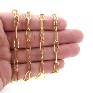Close-up of 18K gold-plated paperclip and rope textured link chain for DIY jewelry making