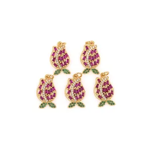 Set 5 ciondoli tulipano placcati oro 18K con zircone viola e foglie verdi per gioielli