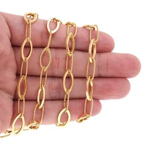 Detail of 18K gold-plated oval and rope link chain for DIY jewelry making and necklaces