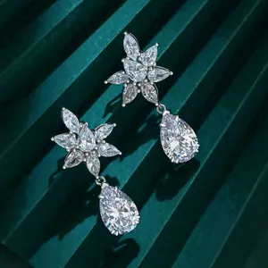 Sparkling S925 silver pear-cut drop earrings with marquise star zircon studs for women