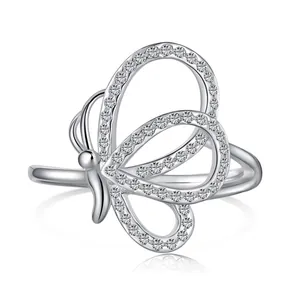 Elegant S925 silver butterfly ring with sparkling zircon stones on a white background