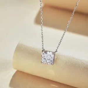 Elegant S925 sterling silver necklace with square ice-cut zircon pendant on subtle chain