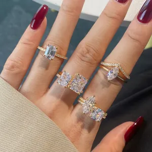 Stackable S925 silver rings in champagne gold with emerald and marquise carbon diamonds