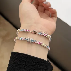 Bracelet en argent S925 avec zircons rectangulaires colorés style dopamine tendance