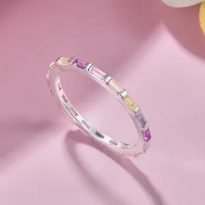 S925 sterling silver ring with colorful rectangular-cut cubic zirconia gemstones