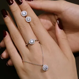 Parure de bijoux en argent sterling S925 avec zircones cubiques rondes et halo