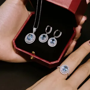 Elegant S925 silver jewelry set with oval blue zircon necklace, earrings and ring
