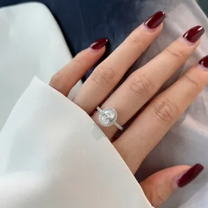 Macro detail of S925 silver ring featuring oval zircon halo and pavé setting