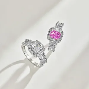925 silver rings with radiant cut pink and white stones and multi-row pave setting