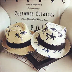 Kids Summer Straw Fedora Hat Palm Tree Print Sun Protection Beach Jazz Hat With Ribbon For Boys Girls