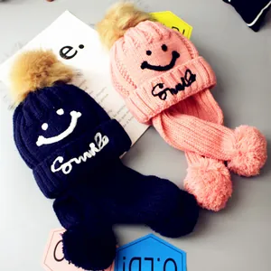 Kids Winter Knit Hat Scarf Set Smile Face Embroidered Warm Beanie With Pom-pom For Boys Girls Toddler Outdoor Cold Weather