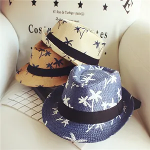 Kids straw fedora hats with palm tree patterns in cream, tan, and blue for summer beach
