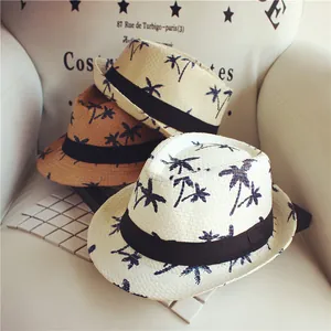 Three pieces set of kids straw fedora hats with palm tree prints and black ribbon band