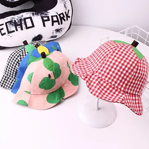 Children plaid and fruit pattern sun hats with cute leaf detail and chin straps