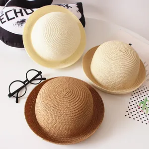 Chapeau de Paille Tissé pour Enfants Tout-petits Garçons Filles Calotte Ronde Bord Roulé Chapeau de Soleil d'Été Respirant Plage Cap