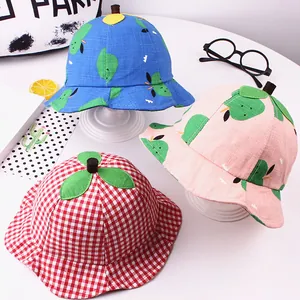 Kids plaid and leaf print sun hats in pink, blue, and red with cute 3D stem decoration