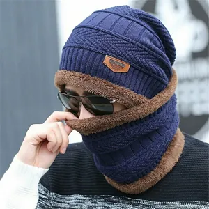 Men Winter Warm Knitted Beanie Hat And Neck Warmer Scarf Set With Thick Fleece Lining For Outdoor Sports Skiing Fishing