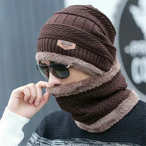 Winter knit beanie and neck warmer set with thick fleece lining in dark coffee brown