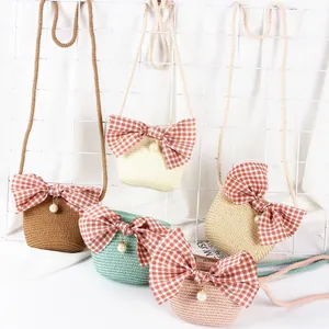 Kids Girls Straw Woven Crossbody Bag Mini Bowknot Shoulder Bag With Artificial Pearl Pendant Summer Beach Princess Coin Purse