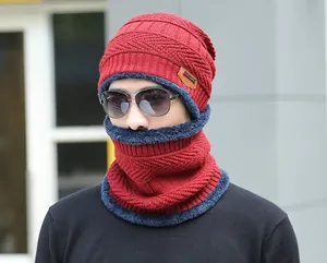 Winter thermal knit beanie and neck warmer set with thick fleece lining in red and blue