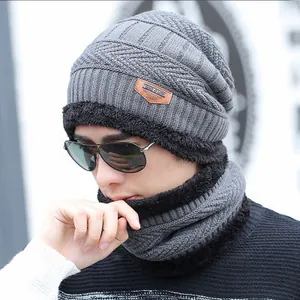 Winter knit beanie and neck warmer set with fleece lining for men and women