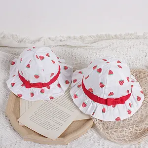 Kids Girls Strawberry Print Cotton Bucket Hat Toddler Summer Sun Hat With Red Bow Ruffle Brim Outdoor Princess Hat