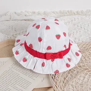 Sweet strawberry print cotton sun hat for toddler girls with red bow and wavy brim