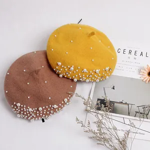 Kinder Künstliche Perle Strass Wolle Baskenmütze Mädchen Süße Prinzessin Französisch Künstler Kappe Herbst Winter Warm Kürbis Beanie Hut Für Kleinkinder