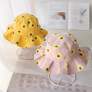 Sombreros de sol amarillos y rosas con girasoles y ala ondulada para bebés