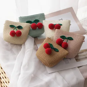 Straw woven cherry crossbody bags for girls in five assorted colors with zipper closure
