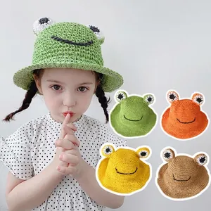 Cute Cartoon Frog Straw Hat Handwoven Sun Protection Beach Hat Breathable Summer Sunshade Cap For Kids Boys Girls