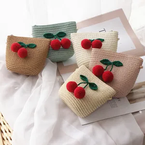 Handmade straw cherry bags for kids in brown mint beige cream and pink colors